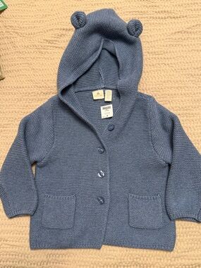 GAP Baby Knit Hooded Cardigan in Dusty Blue with Ear Detail 18-24m